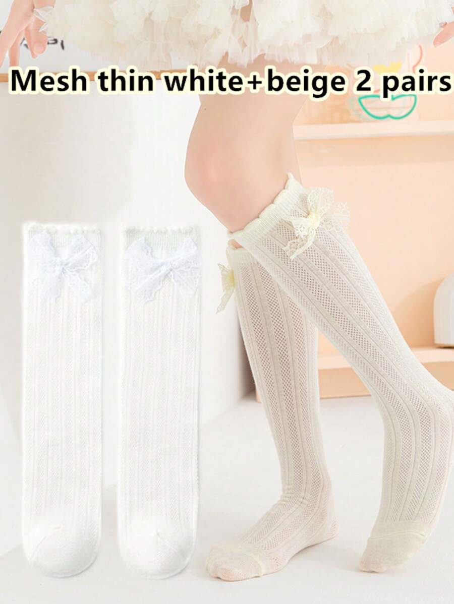 [2 Pairs] Girls Kids Knee High Socks, Spring/Summer Thin Knit Pure Cotton Lace Bow Tulle Breathable Moisture Wicking Mid-Calf Stockings, Student Children Lolita Socks, Versatile New Arrival