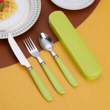 3pcs Portable Stainless Steel Student Cutlery Set, Spoon, Fork, Knife Stainless Steel Dinnerware, Suitable For Picnic, Work, Camping, School, Travel, Reusable Tableware With Container, Dishwasher Friendly