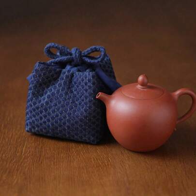 1 件加厚牛仔布旅行袋，茶壶隔断杯架袋，蓝色染色加厚主杯套，茶具收纳袋，中式旅行袋返校