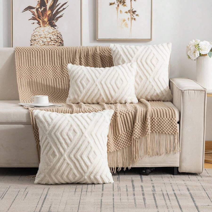 1pc Plush Geometric Pattern Cushion Cover, Bohemian Style, Suitable For Living Room, Bedroom, Home Decor, All Seasons - Milky White - View 1
