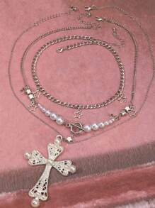 Set de 3 collares vintage góticos personalizados multicapa con estrella, cadena NK, cruz y perla falsa para mujer, collar de cruz y perla, choker de alta gama de estilo hip-hop único y exclusivo