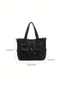 New Fashion Casual Solid Color Canvas Washed Drawstring Shoulder Bag, Spacious Multi-Pocket Tote Bag For Women - Black - View 10