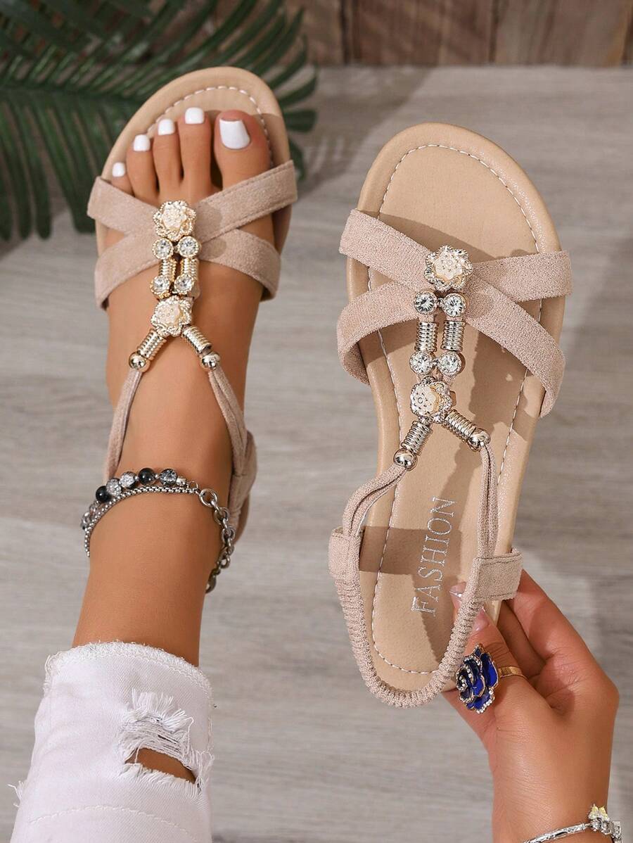 Damen Perlen Riemen Flache Sandalen, modisch, Sommer, Retro, Boho - Khaki - Übersicht 1