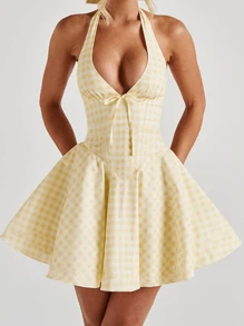 Váy yếm kẻ caro cổ chữ V tối giản mùa thu cho nữ WOWDARK - Màu vàng - Xem 5