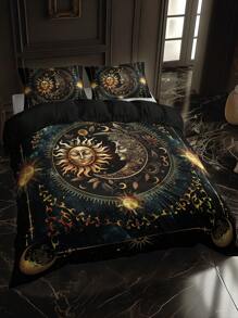 3PCS Super Soft Breathable Golden Sun And Moon Planet Duvet Cover Set (1 Duvet Cover+2 Pillowcases Without Pillow Core), At Home Dormitory High Definition Numerical Code Printing