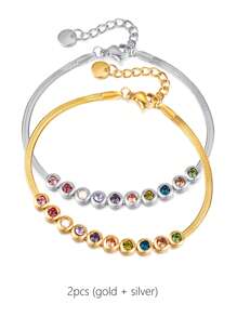 2pcs/Set Fashionable Bride Jewelry, Women's Crystal-Inlaid Gold And Silver Bracelets, Minimalist And Versatile, Elegant Titanium Steel Jewelry Gift For Girlfriend