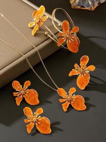 1 套夏季新款橙色不对称花卉吊坠项链、1 对耳环、1 枚戒指、1 条手链女士首饰套装（不含礼品盒） - 橘色 - 查看 4