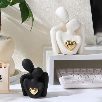 1/2 件/套镀金抽象简约人物摆件，现代家居装饰，适用于客厅、书架、桌面、卧室床头柜、周年纪念礼物、结婚礼物、陶瓷心形情侣雕像