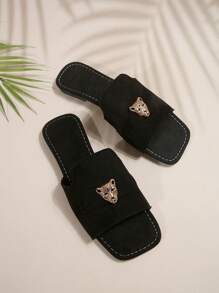 女士方头豹纹平底一脚蹬凉鞋，时尚夏季新款黑色沙滩鞋，优雅休闲百搭女士平底拖鞋