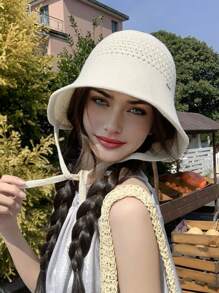 1pc Women's Solid Color Drawstring Hood, Spring/Autumn Fashionable Metal Decor Versatile Casual Sun Protection Bucket Hat, Suitable For Outdoor Shopping And Walking, Summer Beach Hats Hats For Women - A - View 7