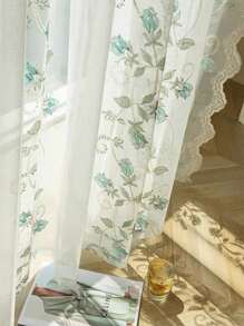 1pc Customized Embroidered Vintage American Style High-End Blue Rose Sheer Curtain For Living Room/Balcony/Bay Window