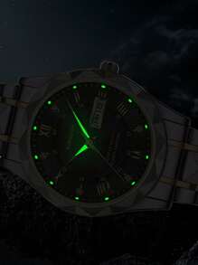 1pc Men's Stainless Steel Band Calendar Week Luminous Business Casual Quartz Wrist Watch - Multicolor - View 6