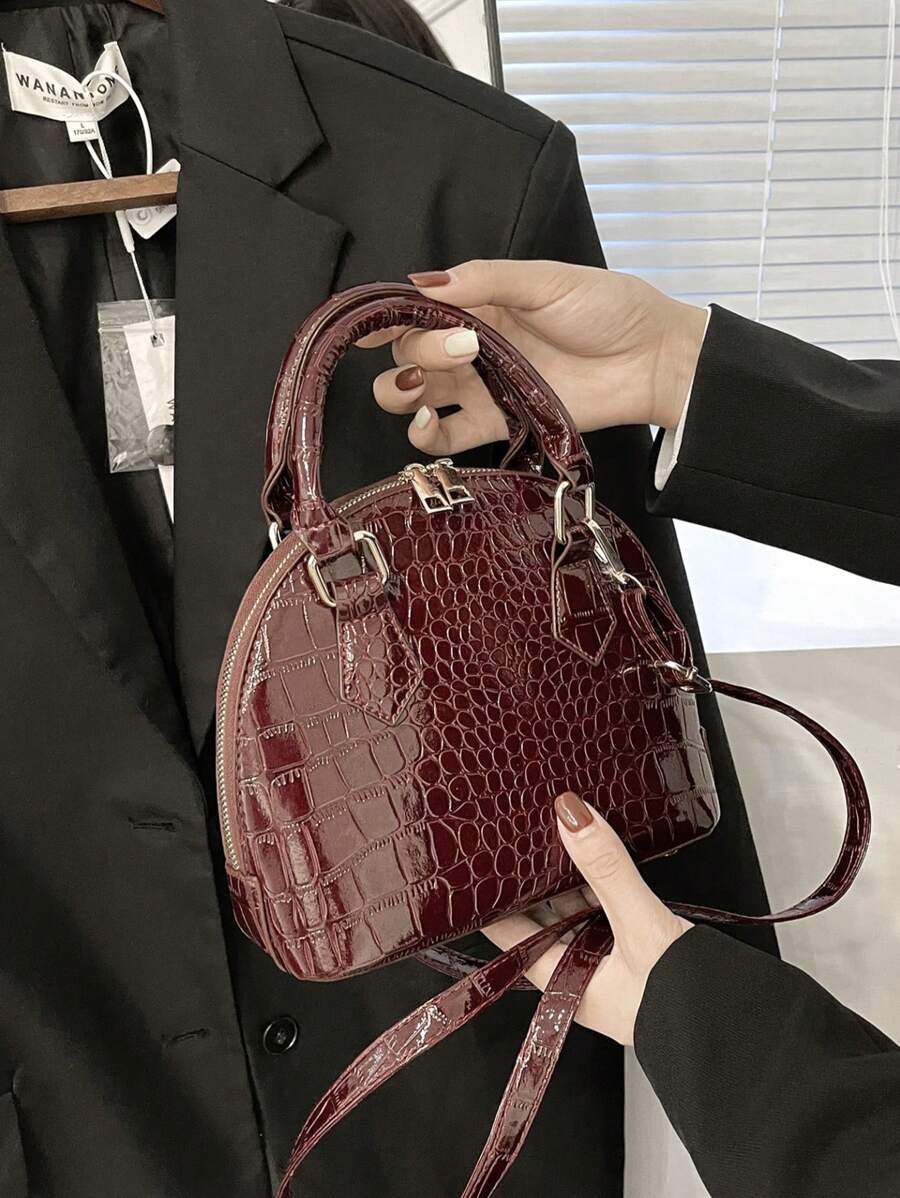 Bolso de mano de concha con estampado de cocodrilo, adecuado para uso diario - Burdeos - Ver 1