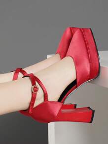 Sapatos femininos de salto alto vazados, salto super alto, rosa, damasco, branco, preto, vermelho, prata, dourado, da moda. - Vermelho - Ver 1