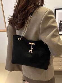 1pc Polyester Deer Pattern Decorative Large Capacity Zipper Shoulder Tote Bag, Suitable For Women's Daily Use - Black - View 4