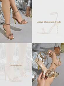 Women's Clear Crystal Heel Sandals, Metal Pearl Rhinestone Decor Chunky High Heel Lace-Up Golden Sandals