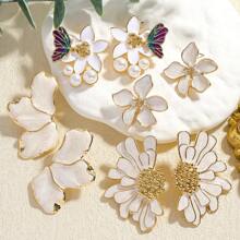 8 Pieces Set Fashion Small White Flower Flower Stud Earrings Drop Oil Metal White Flower Stud Earrings For Women Daily Summer Holiday Party Wear