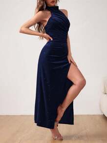 WOWDARK Women's Autumn Halter Velvet Sparkling Split Hem Formal Dress, Party Dress, For Cocktail