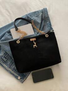 1pc Polyester Deer Pattern Decorative Large Capacity Zipper Shoulder Tote Bag, Suitable For Women's Daily Use - Black - View 8
