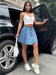 Mobula Sound #Spring/Summer Casual Denim High Waisted Flared A-Line Skirt, Fashionable Music Festival Style, Elegant Lady Vacation Dress - Medium Blue - View 5