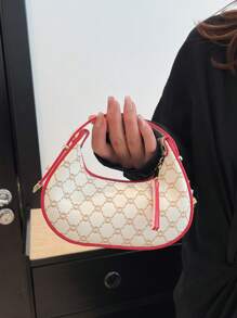 New Vintage Moon Shaped Medium-Sized Shoulder Bag, White Color, Spring/Summer Collection, Retro Rockabilly Style, Large Capacity, Rivet Decor, Oiled Leather, Suitable For Workplace, Casual, Travel, Sling Bag - Multicolor - View 7