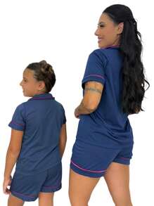 Pijama Mae e Filha Americano Blusa com Gola e Short - Azul Marinho - Visão 3
