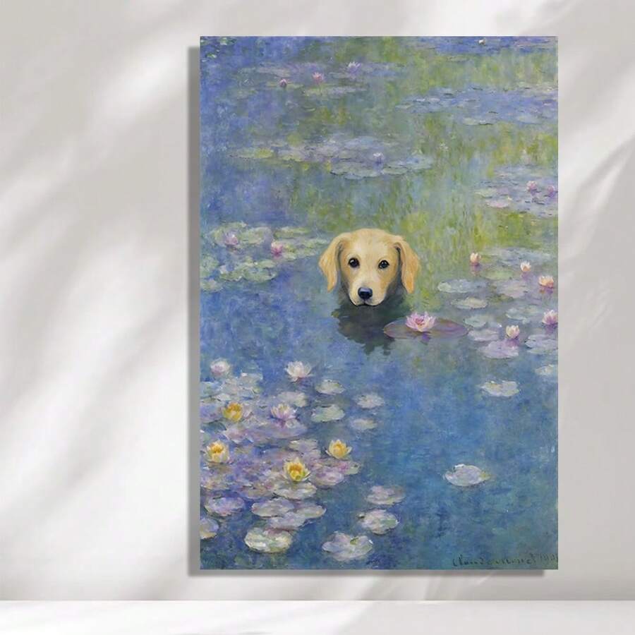 Framed Aozomo Monet Water Lilies Canvas Art Print Funny Golden Retriever Poster Dog Floral Print Abstract Farmhouse Gallery Aesthetic Room Decor For Bedroom Bathroom Birthday Party Decor, Mother's Day New Year Easter Gift,  Home Living Room Office Wall Decor, Perfect Gift And Wall Decoration - 框架 - 查看 1