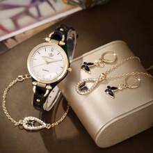 4pcs/Set Women's Fashion Quartz Watch With Rhinestones + Black Butterfly Jewelry Set - Black - View 1