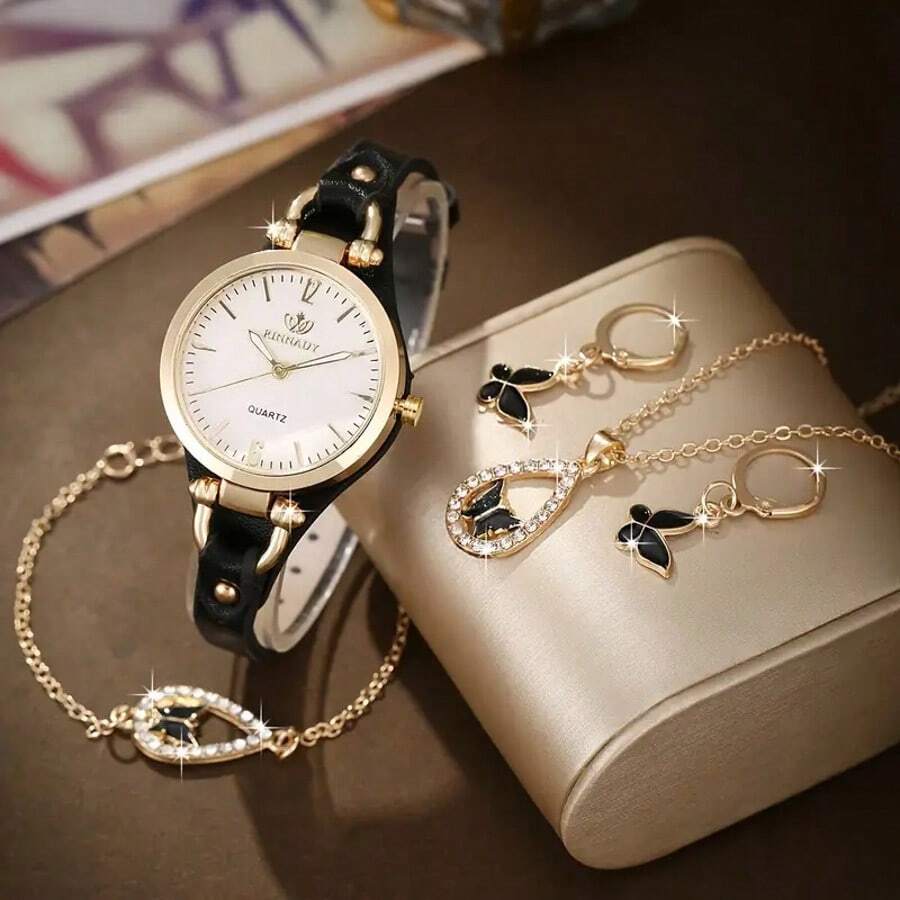 4pcs/Set Women's Fashion Quartz Watch With Rhinestones + Black Butterfly Jewelry Set - Black - View 1