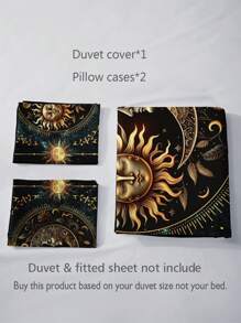 3PCS Super Soft Breathable Golden Sun And Moon Planet Duvet Cover Set (1 Duvet Cover+2 Pillowcases Without Pillow Core), At Home Dormitory High Definition Numerical Code Printing