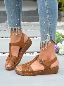 Sandalias de mujer con cuña y suela gruesa, dedos abiertos y correa, sandalias casuales antideslizantes para damas - Marrón - Ver 1