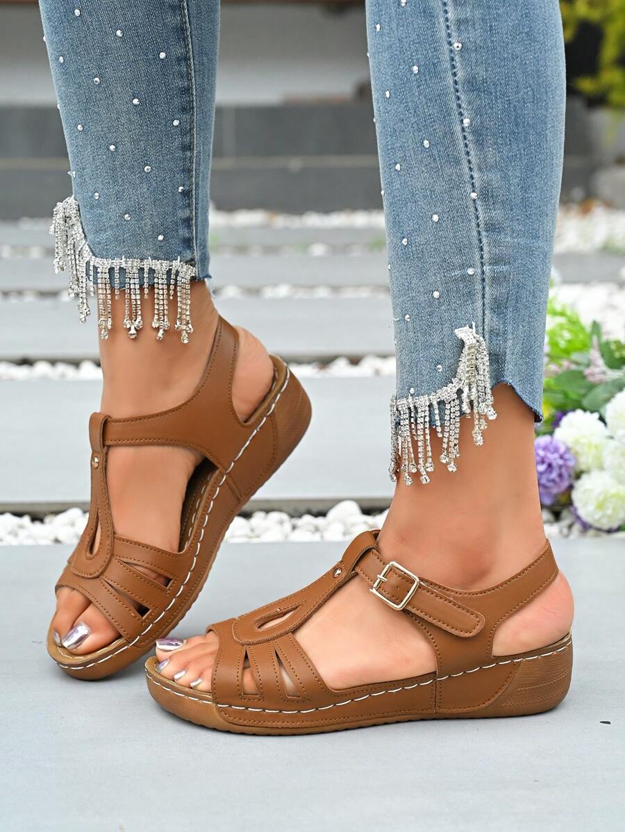Sandalias de mujer con cuña y suela gruesa, dedos abiertos y correa, sandalias casuales antideslizantes para damas - Marrón - Ver 1