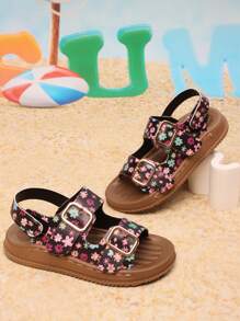 1 paire de sandales plates noires pour filles, fermeture à boucle et à scratch, chaussures d'été polyvalentes et confortables pour l'extérieur et la plage, style minimaliste - Noir - Voir 6