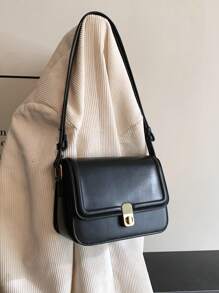 1pc Fashion Solid Color PU Edged Minimalist One Shoulder Small Square Bag, Flap Twist Lock Women Handbag, Suitable For Shopping, Gift, Commuting - Black - View 8
