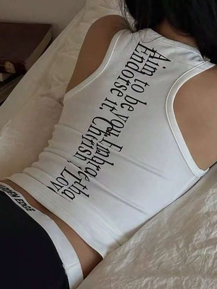 Vintage Back Printed Slim Fit Tank Y2K Top - White - View 1