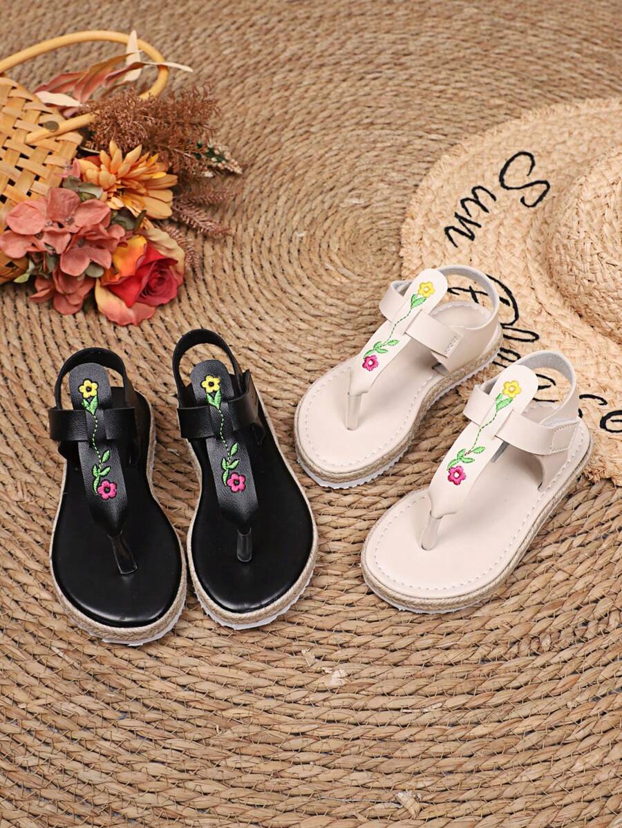 1 双加大码婴幼儿女孩平底凉鞋，纯色 PU 带，彩色刺绣装饰，带钩环扣，圆头，绳子厚底，时尚罗马凉鞋，适合 3-15 岁女孩休闲、旅行、度假穿着，春夏