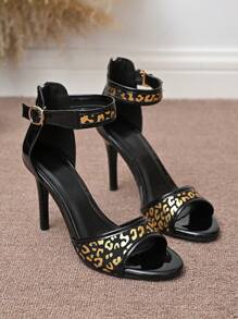 Sandalias de tacón alto de punta abierta con hebilla y estampado de leopardo, cómodas para mujer