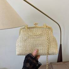 女士时尚编织手柄顶部拉链单肩链条斜挎包 - 卡其色 - 查看 9