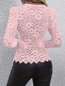 Sexy Spring/Summer Birthday Party V-Neck Lace Crochet Long Sleeve Tee Shirt, Elegant Heart Button Decor, Honeymoon Vacation Resort - Baby Pink - View 3