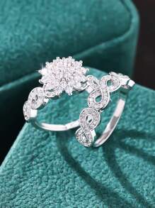 2 件优雅女士花朵镂空无限符号微镶嵌锆石首饰套装，适合订婚、婚礼、周年纪念、情人节 - 銀色 - 查看 9