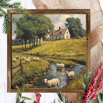 带有乡村绵羊在河边吃草的木框标志非常适合复古农舍风格的墙壁装饰，非常适合浴室、厨房或办公室。它是送给家人和朋友的理想礼物，尺寸为 7.87 英寸。