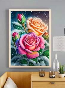 DIY Pintura de diamante 5D de rosa, artesanía de invierno con diamantes redondos completos para decoración del hogar