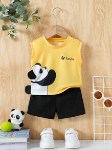 2pcs/Set Baby Boys' Sleeveless Panda Print Tank Top And Shorts, Suitable For Summer Outings