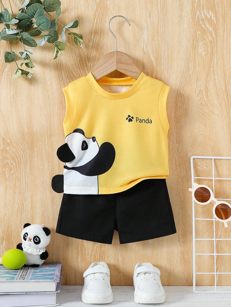 2pcs/Set Baby Boys' Sleeveless Panda Print Tank Top And Shorts, Suitable For Summer Outings