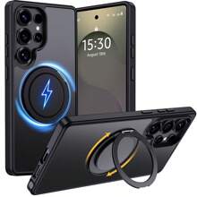 Aunote 1pc Black Minimalist Matte Texture Multi-Functional Magnetic Kickstand Protective Case, PC Material With 0-180°+360° Rotating Kickstand, Smooth Rotation, Supports Wireless Charging, Car Mount Magnetic, Photography/Streaming/Office Essential, Compatible With Samsung Galaxy S23u/S24/S24u/S25/S25u /A16/A17/A26/A36/A55/A56 /S26/S26/S26 Ultra, Unisex Gift - Black - View 2