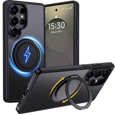 Aunote 1 ốp lưng bảo vệ đa chức năng màu đen tối giản, chất liệu PC, có chân đế xoay 0-180°+360°, xoay mượt mà, hỗ trợ sạc không dây, gắn nam châm lên xe hơi, phụ kiện cần thiết cho chụp ảnh/phát trực tuyến/văn phòng, tương thích với Samsung Galaxy S23u/S24/S24u/S25/S25u /A16/A17/A26/A36/A55/A56 /S26/S26/S26 Ultra, quà tặng unisex.