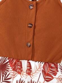 Solid Color Rib Knit Cami Top With Leaf Print Lightweight Jumpsuit, Suitable For Daily Wear, Holiday, Outgoing In Summer - Multicolor - View 5