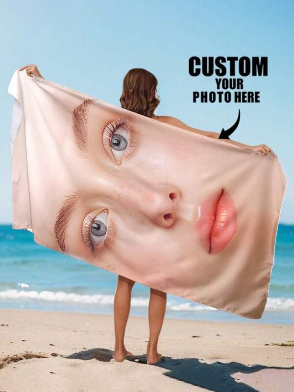 1pc Customized Photo And Name Beach Towel, Personalized Bath Towel, Adult Pool Towel, Bath Towel, Vacation Gift, Beach Towel, Wedding Couples Commemorative Gift, Ornamental, Reusable, Breathable, Exquisite, Adorable, High-Quality, Modern, Colorful, Cute, Comfortable, Stylish, Ideal Gifts For Him, Ideal Gifts For Her, Boyfriend, Girlfriend, Dad, Mom, Family, Friends, Son, Daughter, School Students, Office, Tea Room, School, Home, Home Refresh Holiday Bathroom Decor Summer,Slow Summer Living Beach Essentials