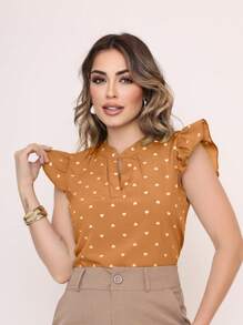 MARILYN MONNA Women's Heart Print Blouse With Ruffle V-Neck Elegant Sleeve Notched Neckline - caramelo - Ver 3