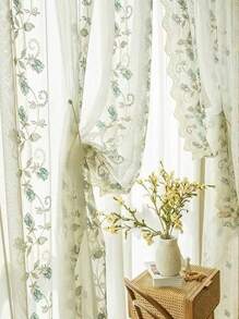 1pc Customized Embroidered Vintage American Style High-End Blue Rose Sheer Curtain For Living Room/Balcony/Bay Window